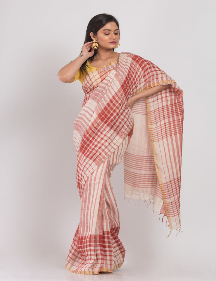 Multicolor white and red handwoven linen sari