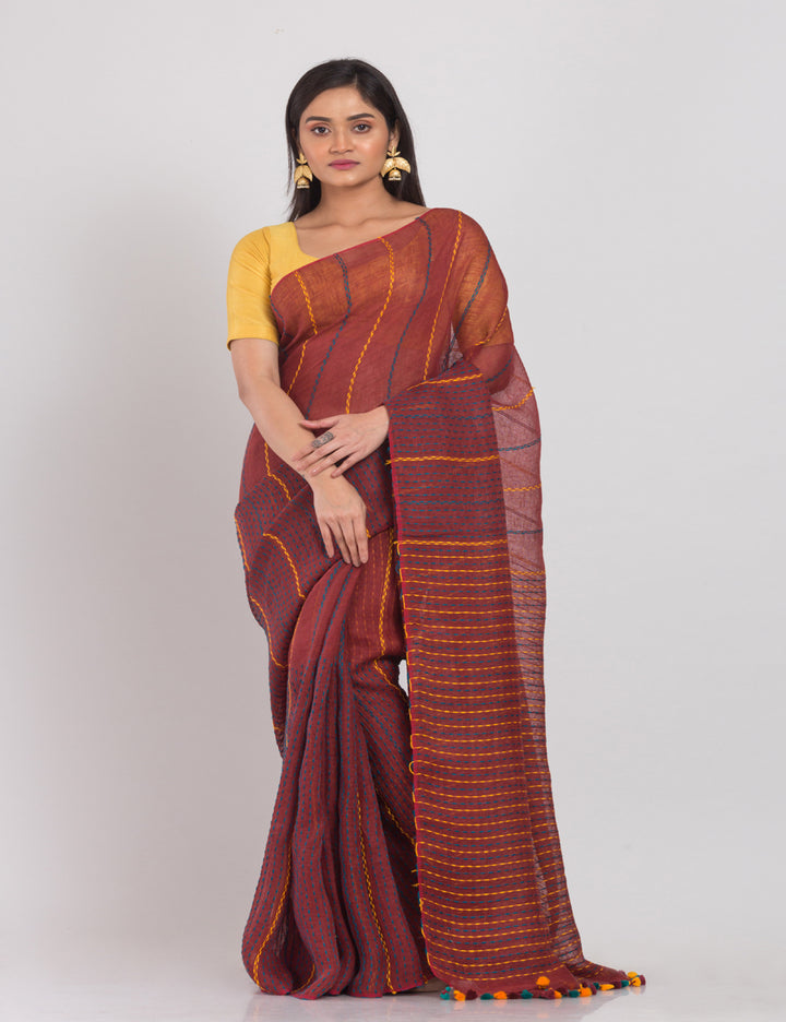 Brown handwoven linen sari