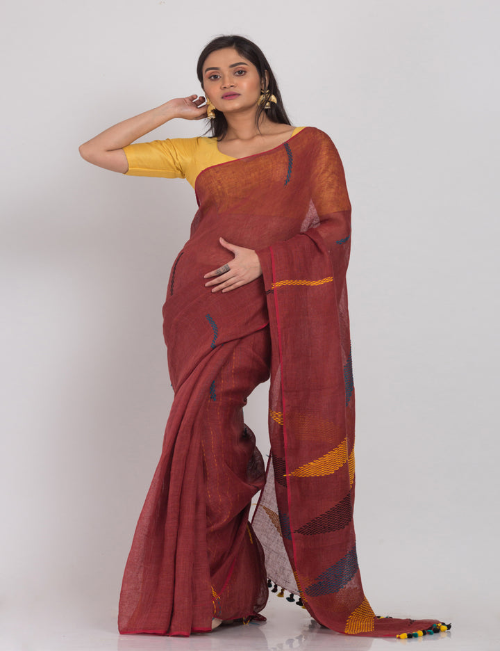 Brown with multicolor pallu handwoven linen sari