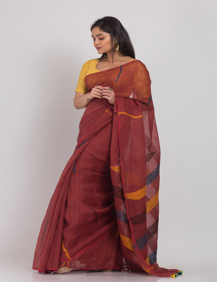 Brown with multicolor pallu handwoven linen sari