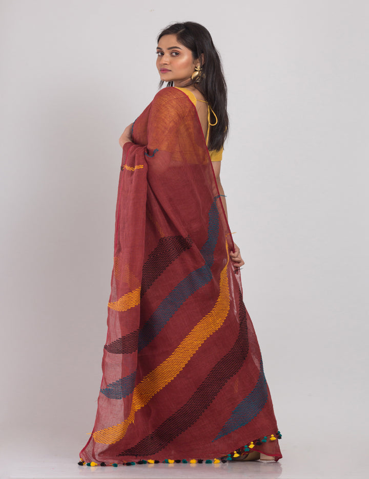 Brown with multicolor pallu handwoven linen sari