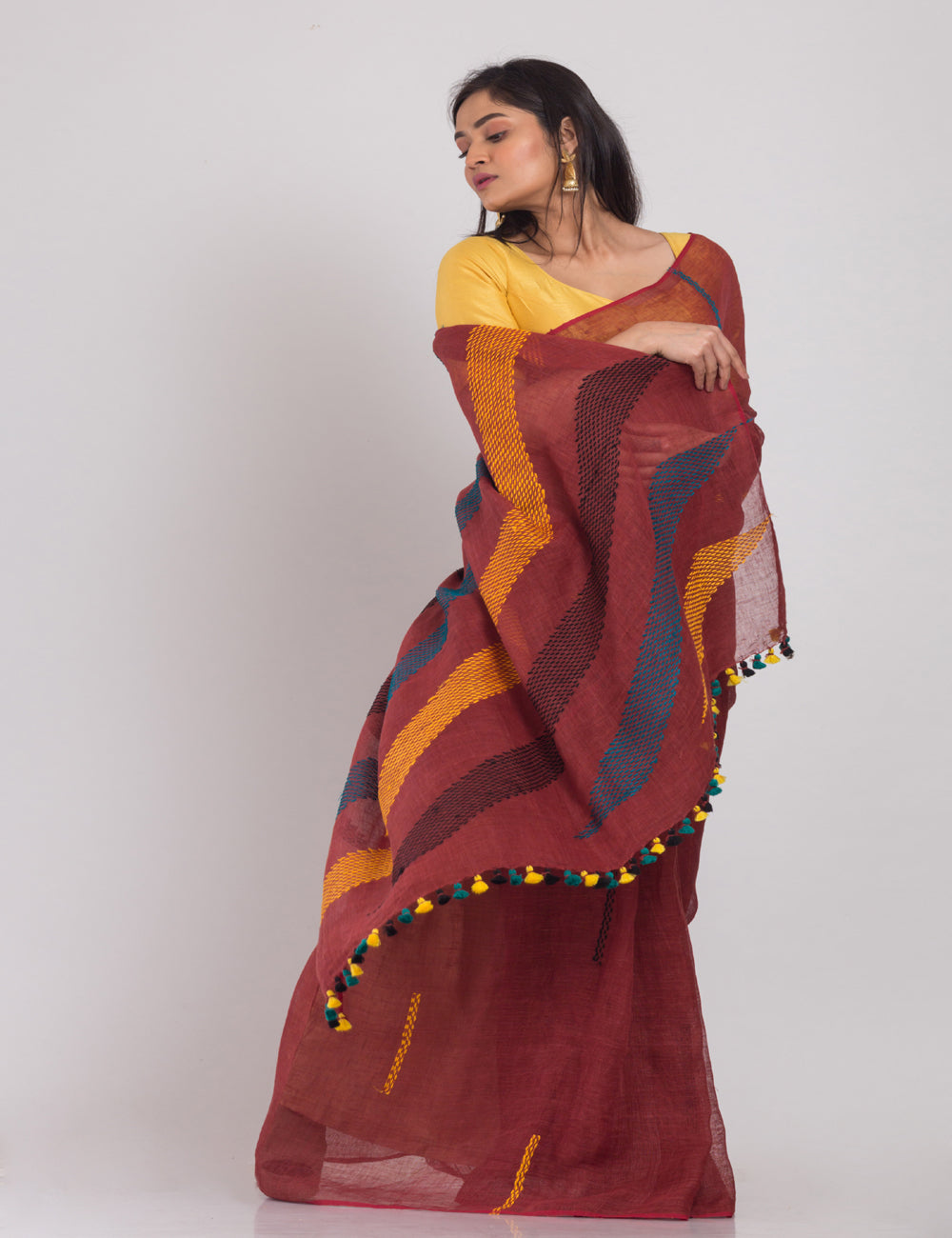 Brown with multicolor pallu handwoven linen sari