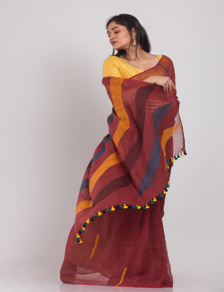 Brown with multicolor pallu handwoven linen sari