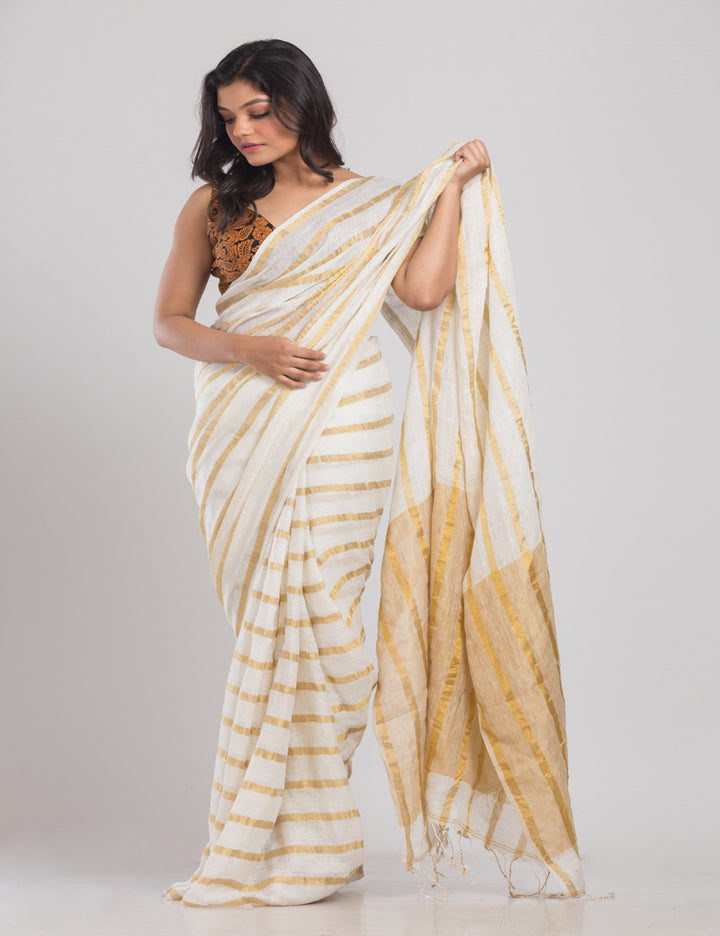White with golden beige stripes handwoven linen sari