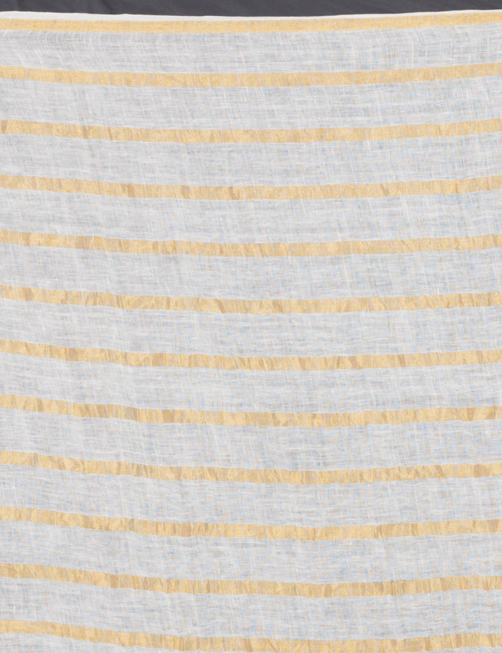 White with golden beige stripes handwoven linen sari