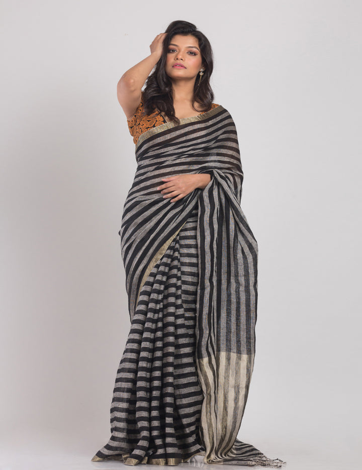 Beige black stripes handwoven linen sari