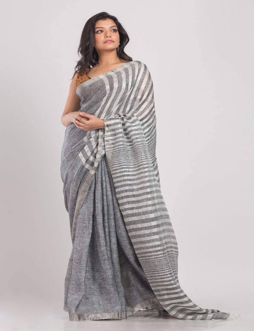 Grey white handwoven linen sari