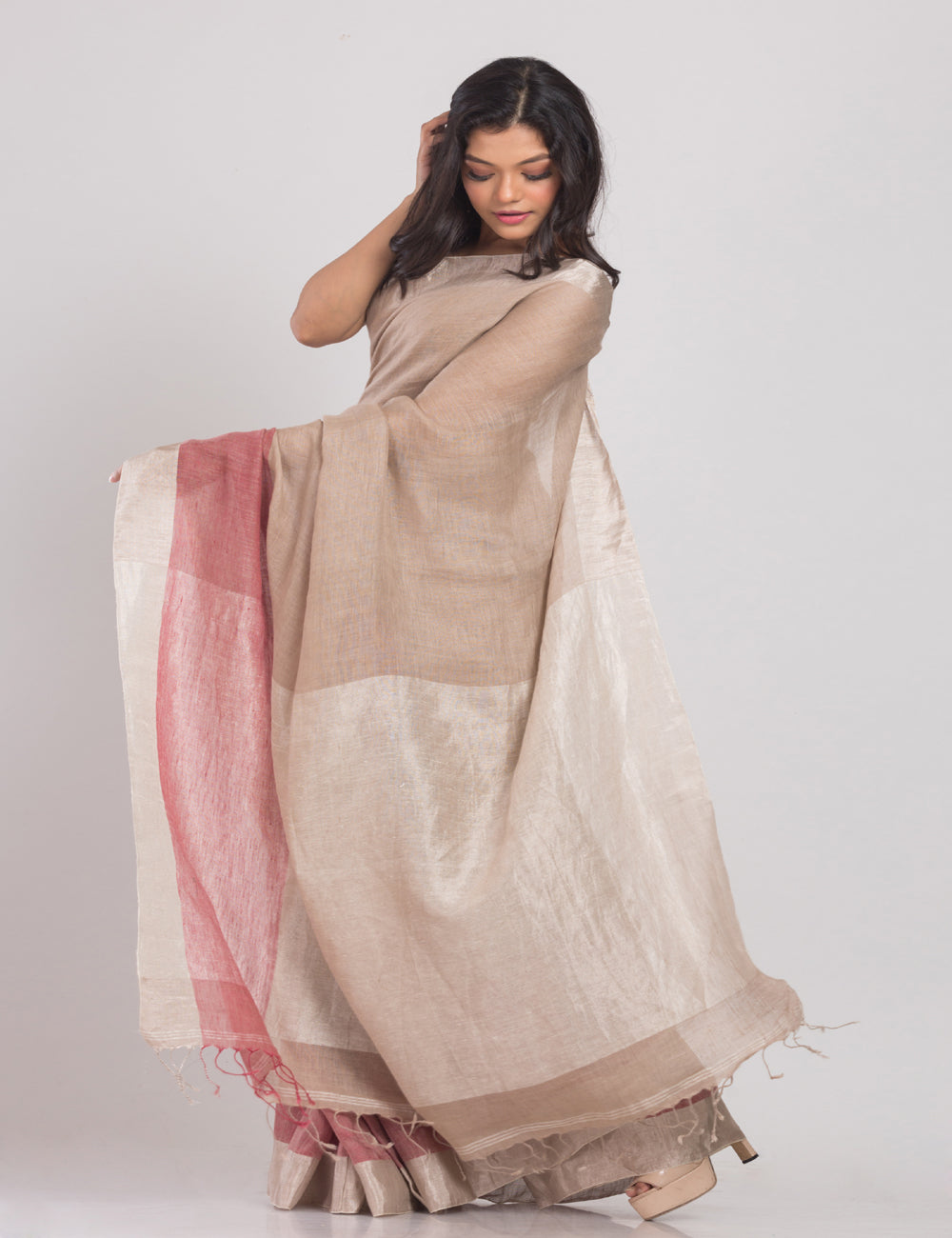 Beige handwoven linen sari