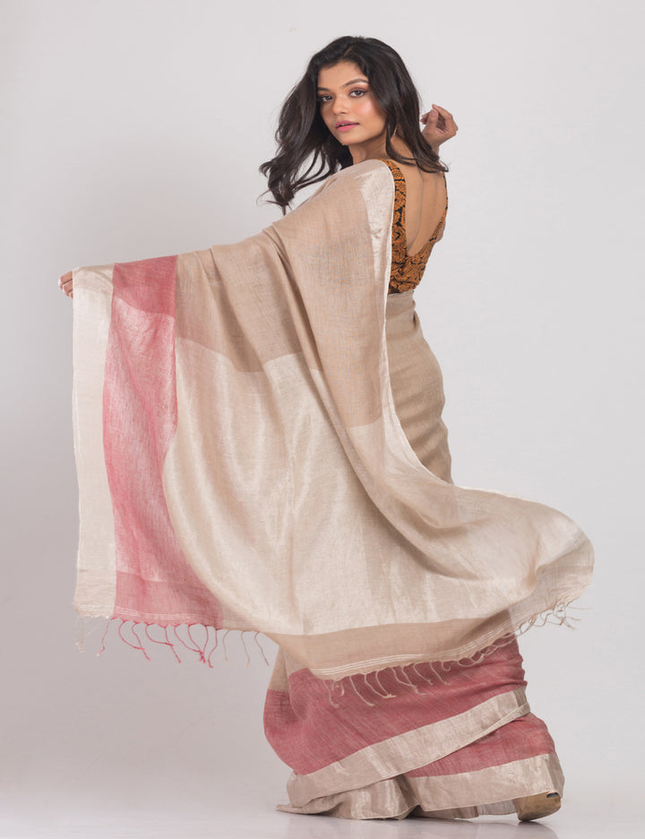 Beige handwoven linen sari