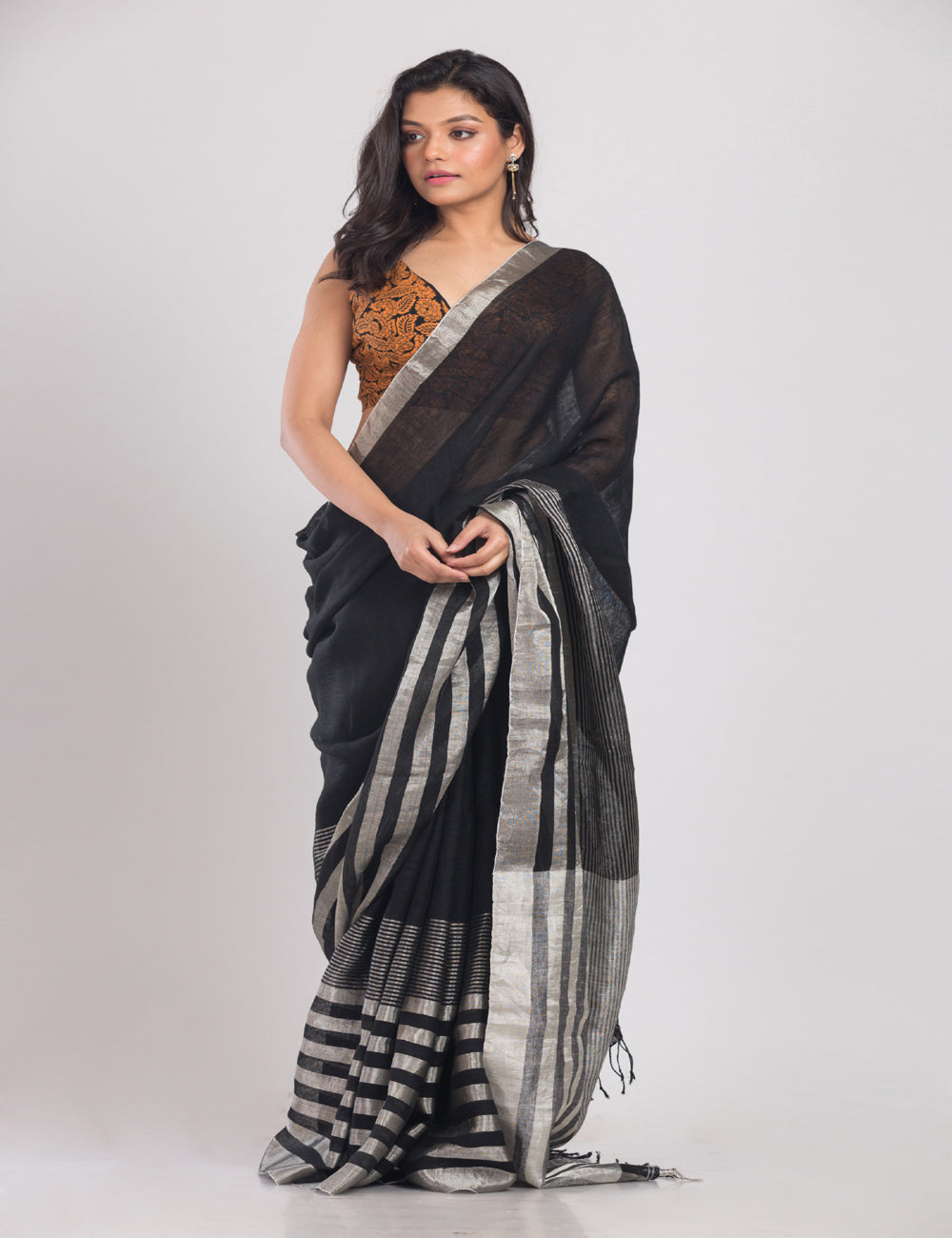 Black with silver shimmer border handwoven linen sari