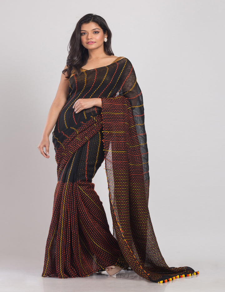 Black and brown stripes handwoven linen sari