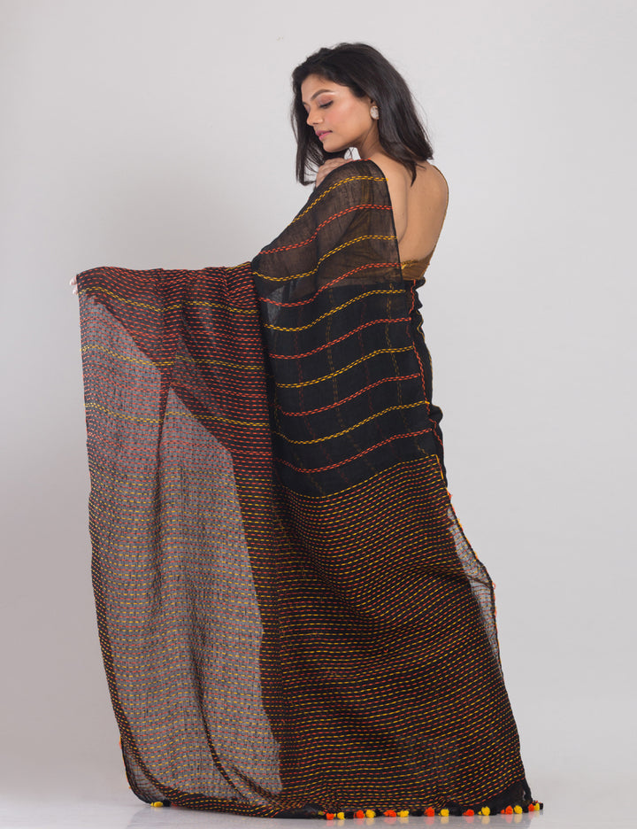 Black and brown stripes handwoven linen sari