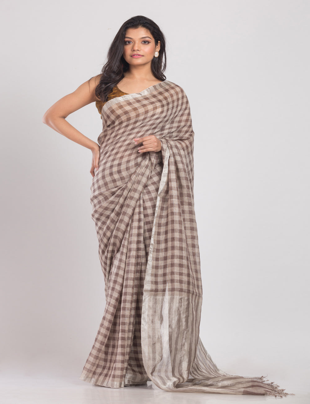 Multicolor checks handwoven linen sari