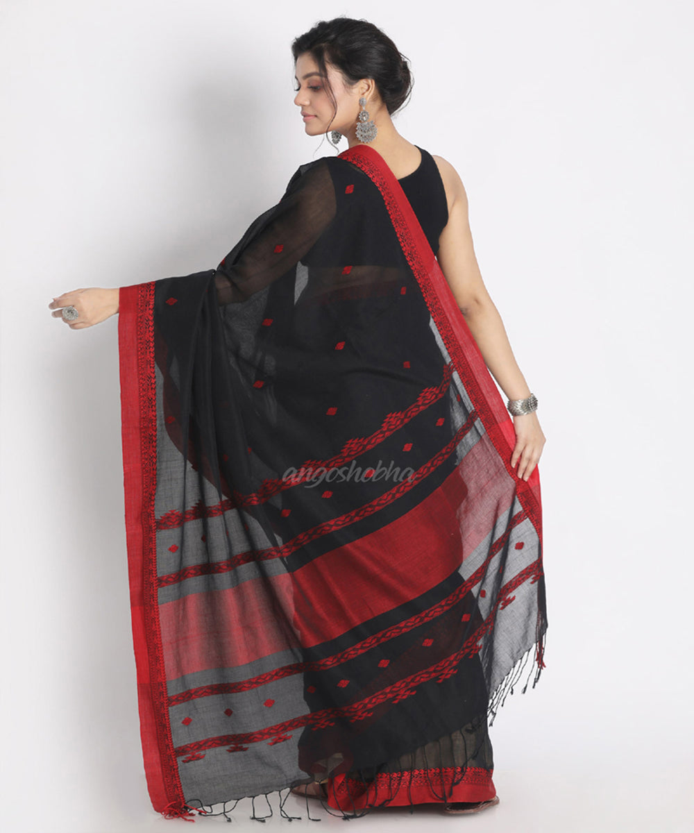 Black Red Handwoven Cotton bengal Saree