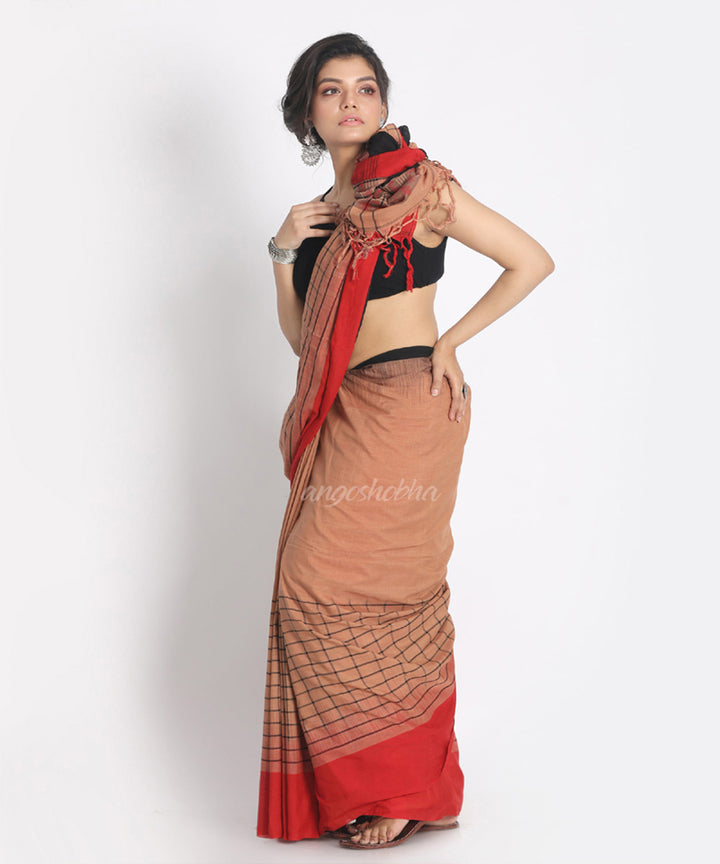 Light orange Handwoven Cotton bengal Saree