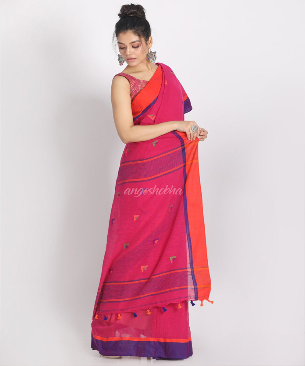 Pink Blue Handwoven Cotton bengal saree