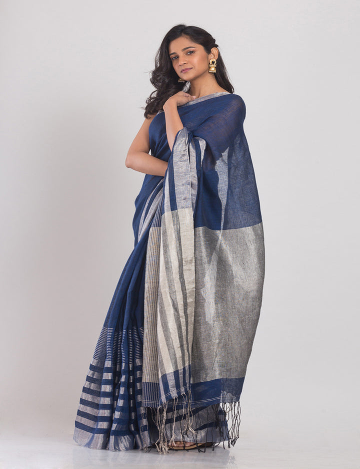 Indigo Silver Handwoven Linen bengal saree