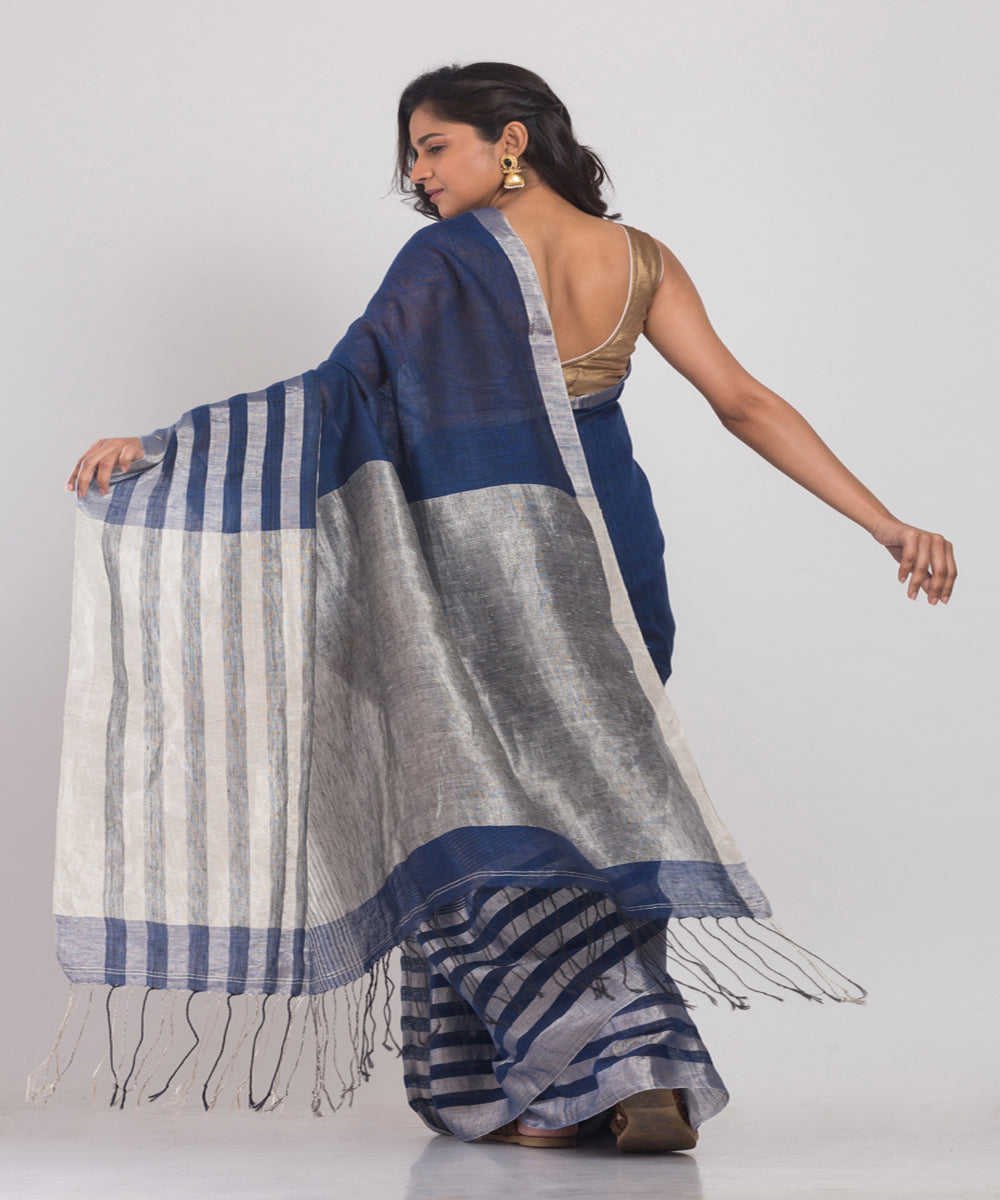 Indigo Silver Handwoven Linen bengal saree