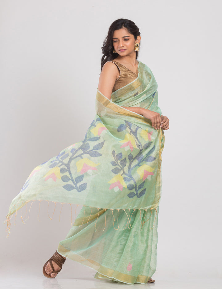 Pale Olive green handwoven tussar silk jamdani sari