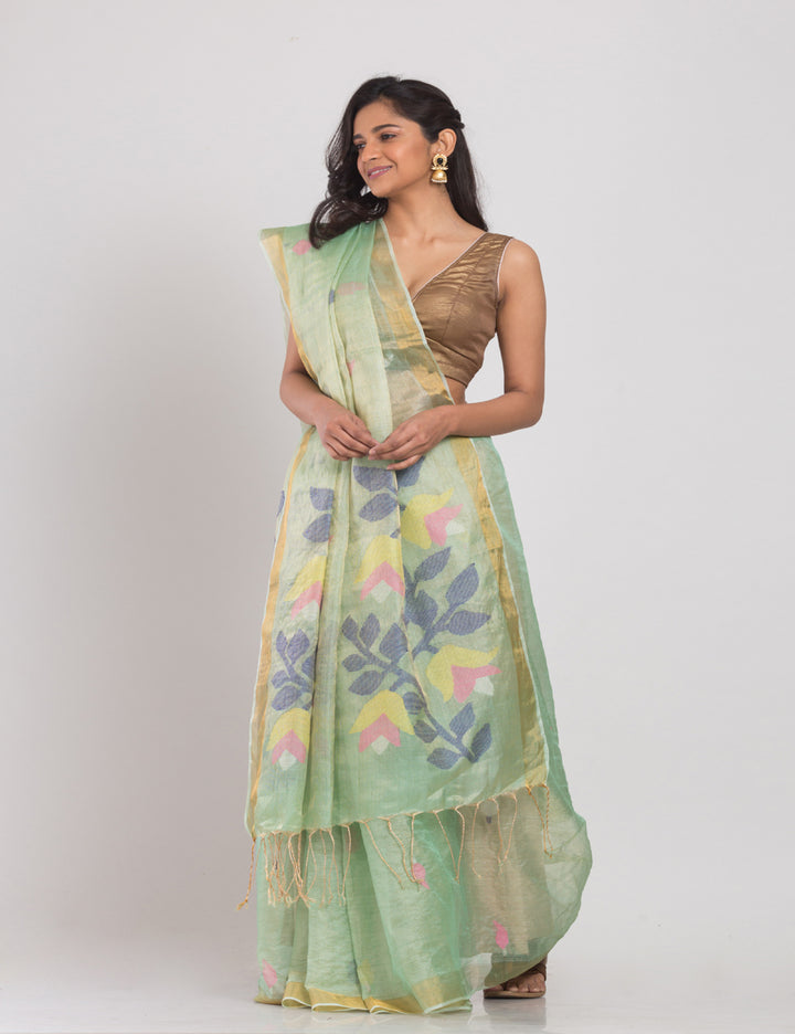 Pale Olive green handwoven tussar silk jamdani sari