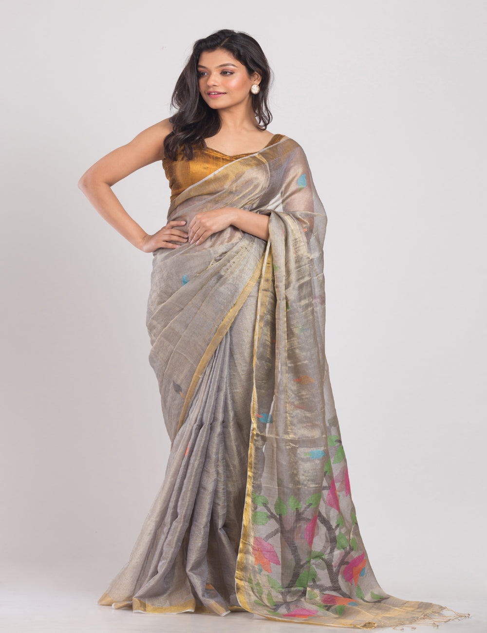 Grey handwoven tussar silk jamdani sari