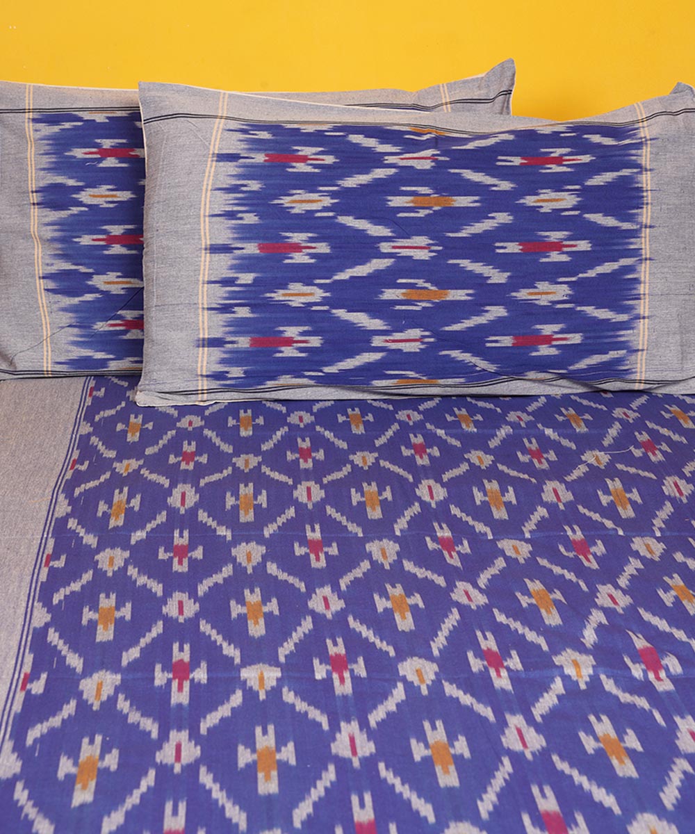 Blue handwoven pochampally ikat cotton bedsheet set