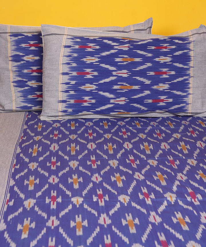 Blue handwoven pochampally ikat cotton bedsheet set