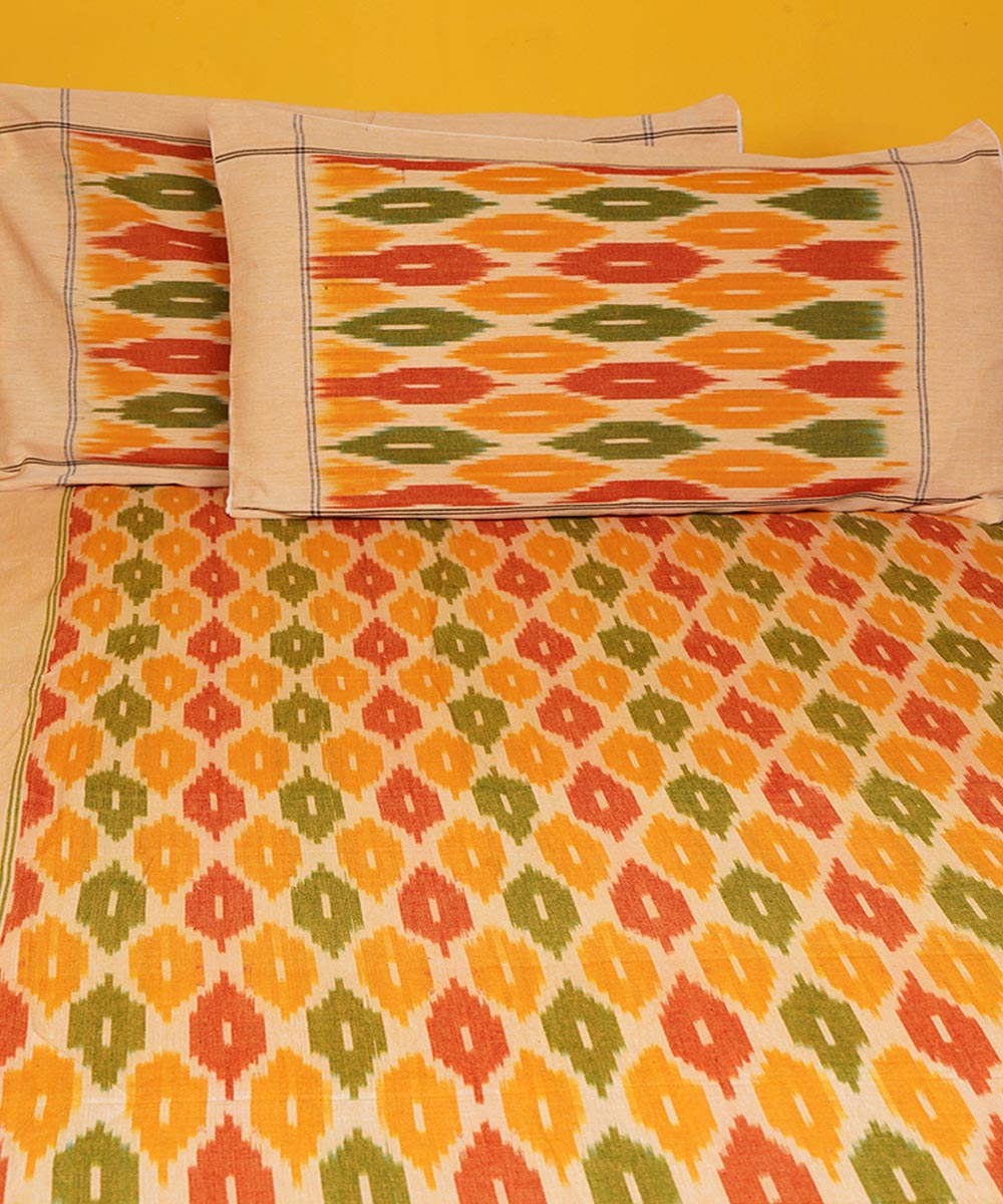 Multi color handwoven pochampally ikat cotton bedsheet set