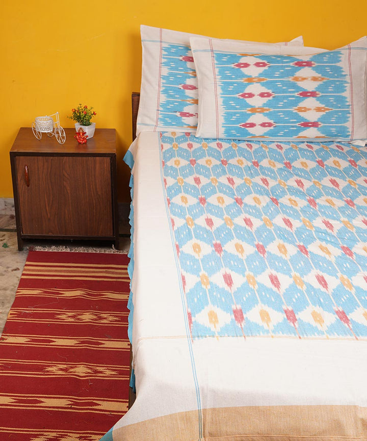 Sky blue handwoven pochampally ikat cotton bedsheet set