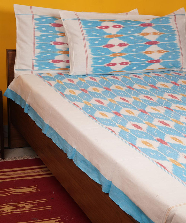 Sky blue handwoven pochampally ikat cotton bedsheet set