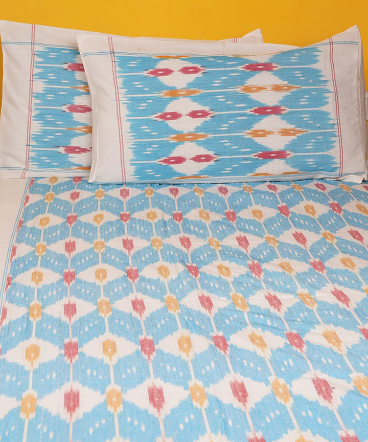 Sky blue handwoven pochampally ikat cotton bedsheet set