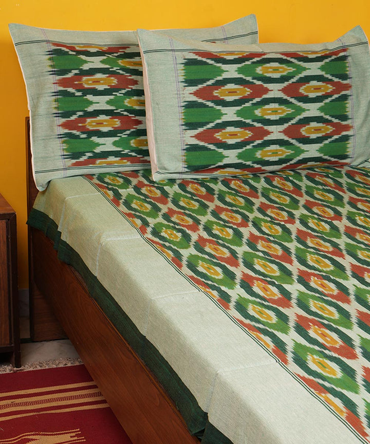 Green handwoven pochampally ikat cotton bedsheet set