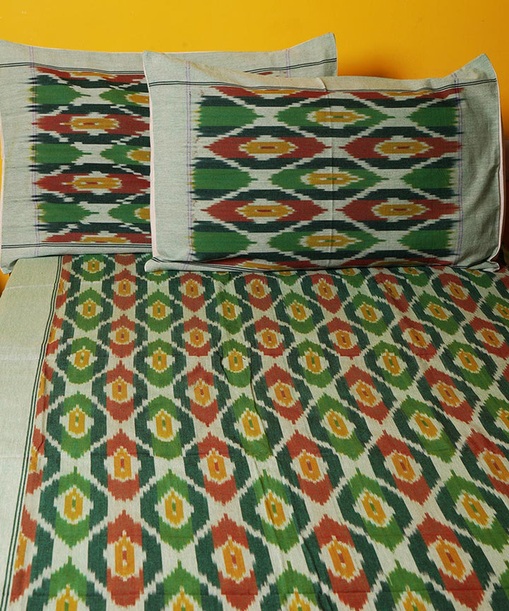 Green handwoven pochampally ikat cotton bedsheet set
