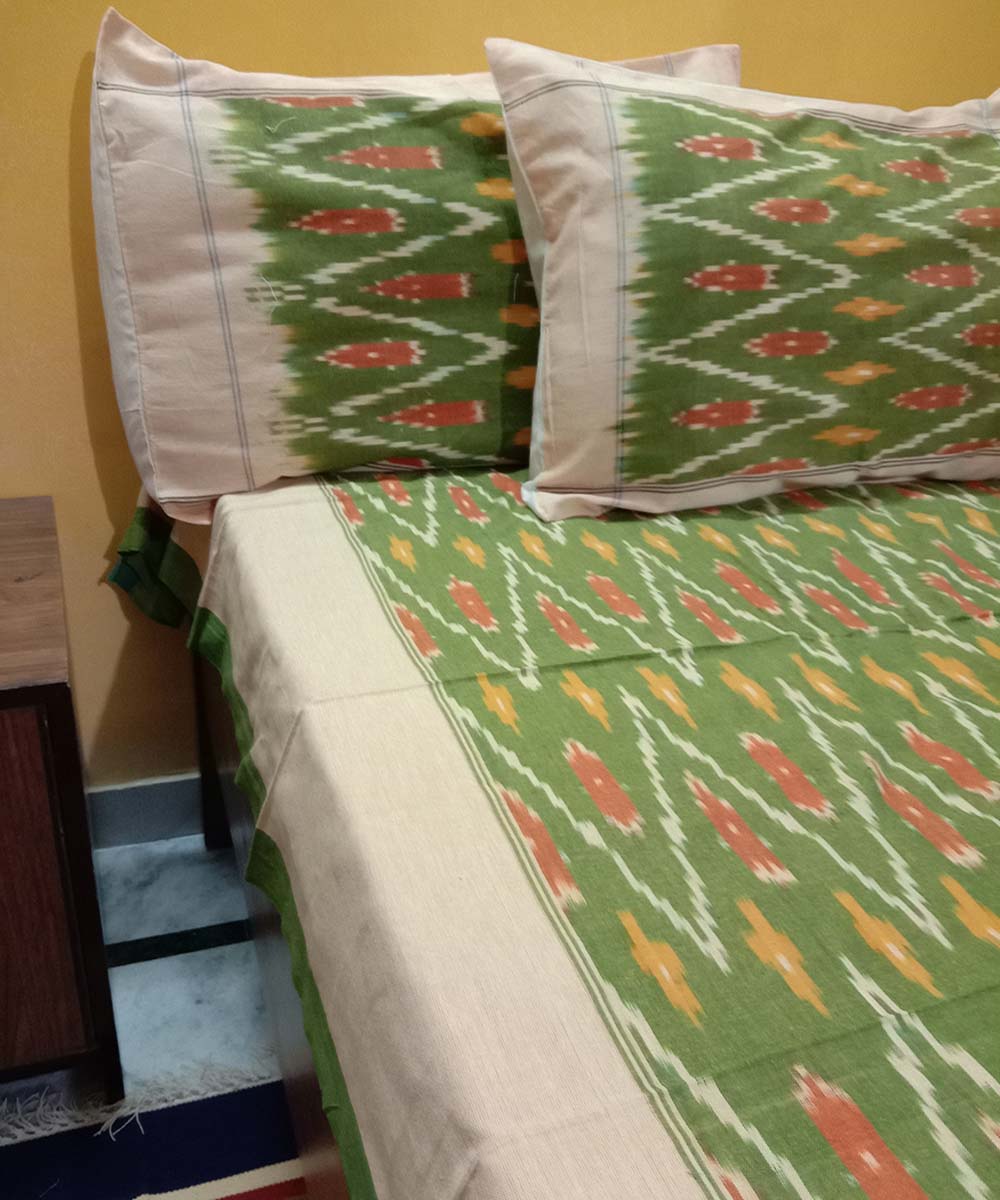 Green handwoven pochampally ikat cotton bedsheet