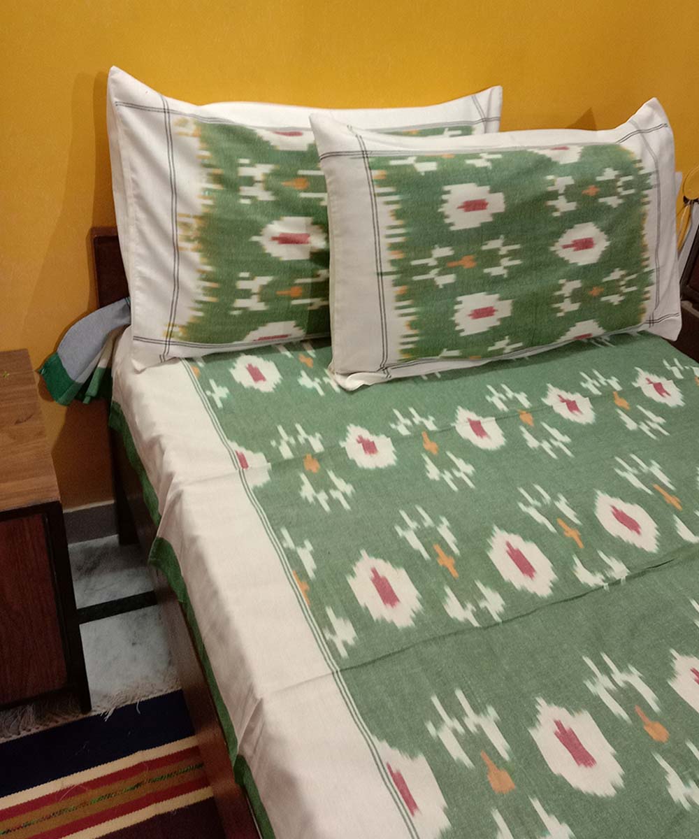 Cyan green handwoven cotton pochampally ikat bedsheet