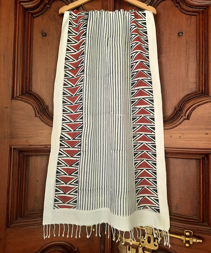 White black red striped handblock printed cotton silk stole