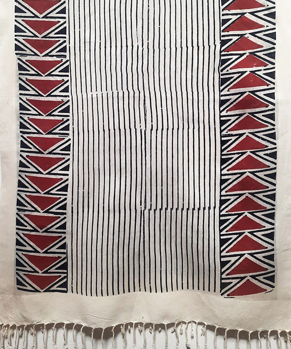 White black red striped handblock printed cotton silk stole