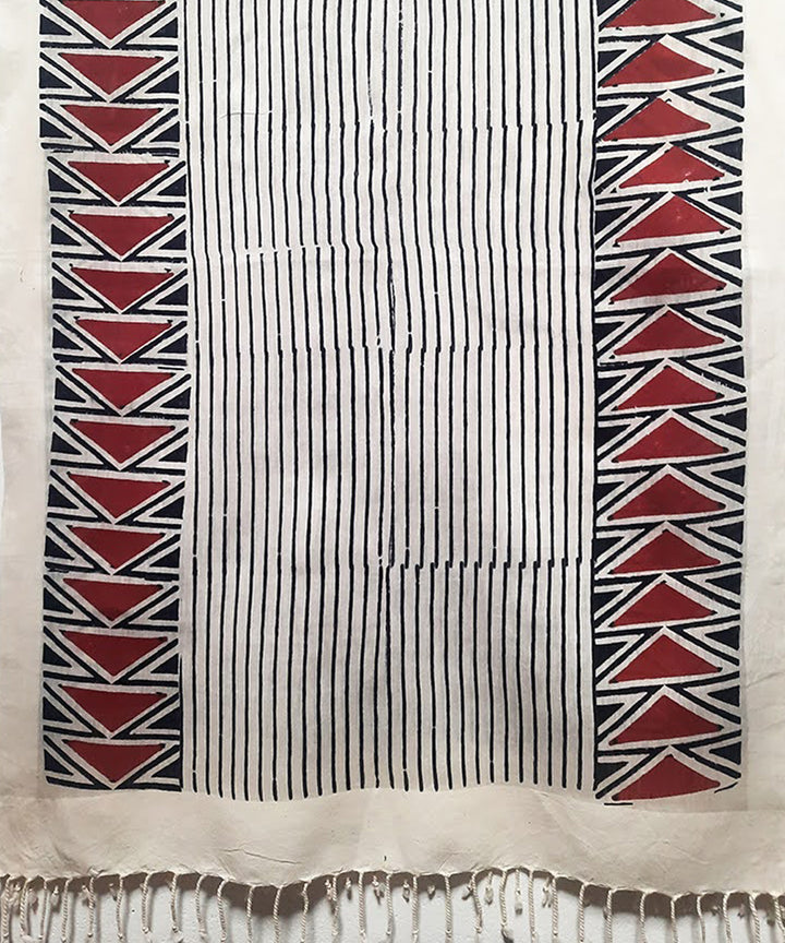 White black red striped handblock printed cotton silk stole