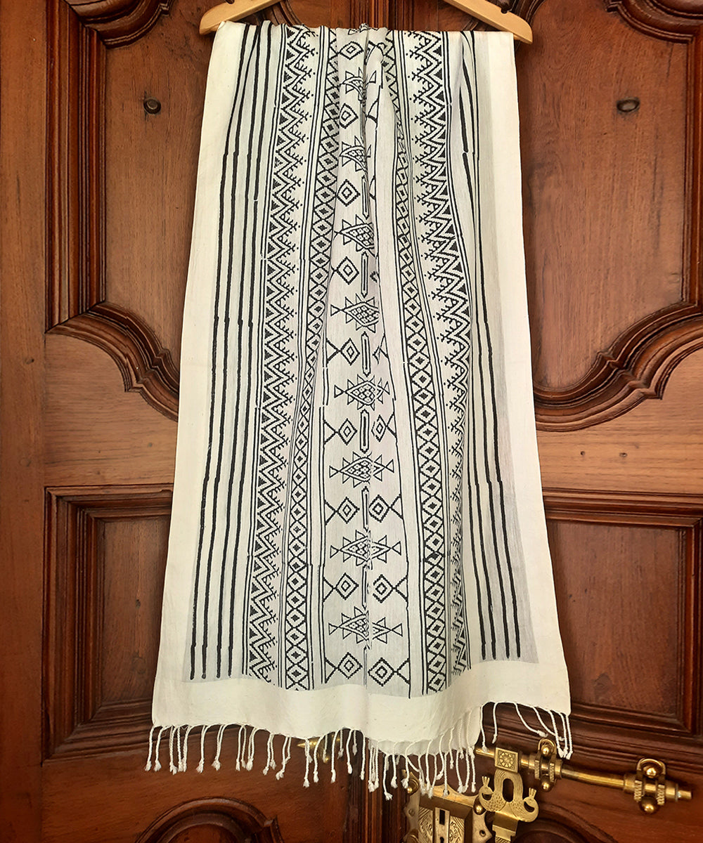 White black striped handblock printed cotton silk stole