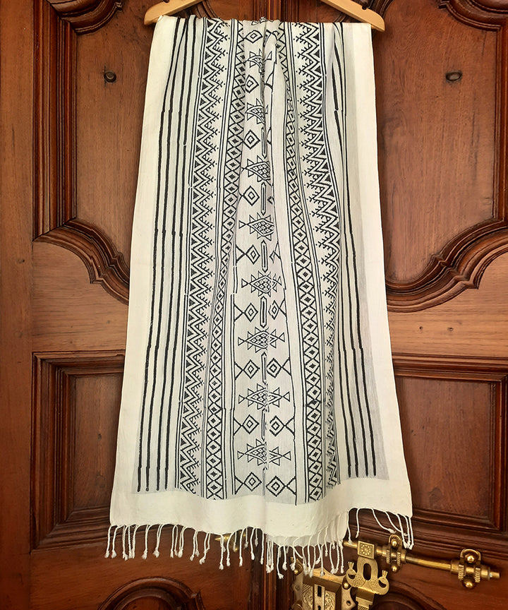 White black striped handblock printed cotton silk stole