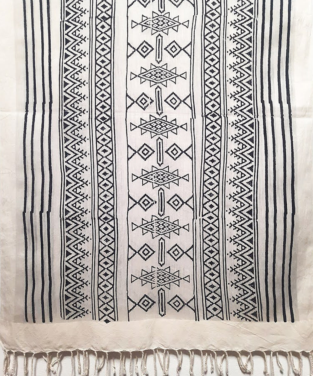 White black striped handblock printed cotton silk stole