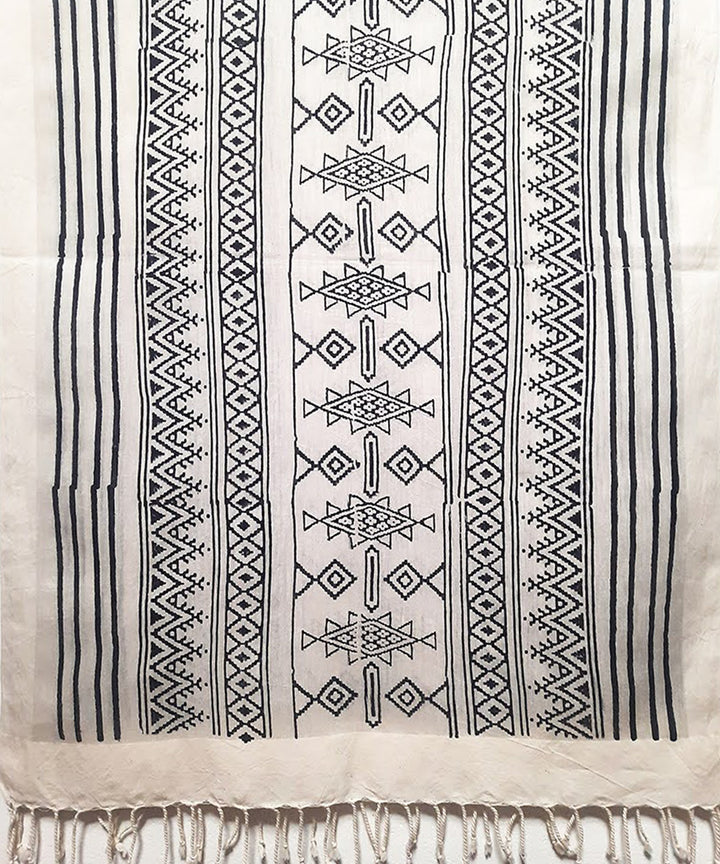 White black striped handblock printed cotton silk stole