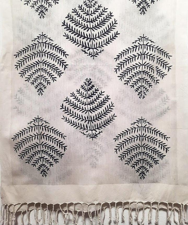 White black leaf handblock printed cotton silk stole