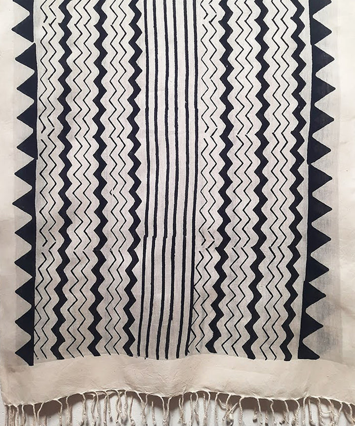 White black triangular striped handblock printed cotton silk stole