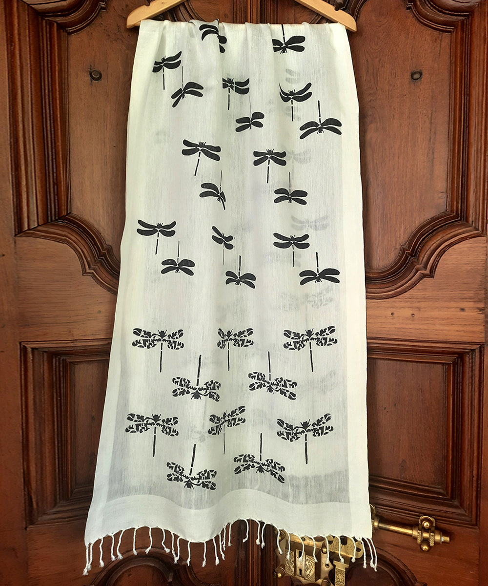 White black dragon fly handblock printed cotton silk stole