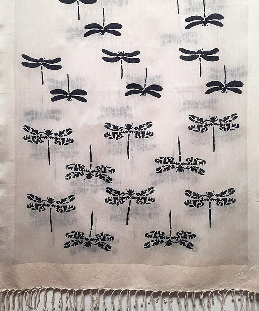 White black dragon fly handblock printed cotton silk stole