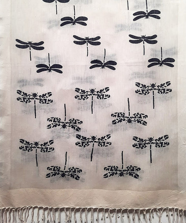 White black dragon fly handblock printed cotton silk stole
