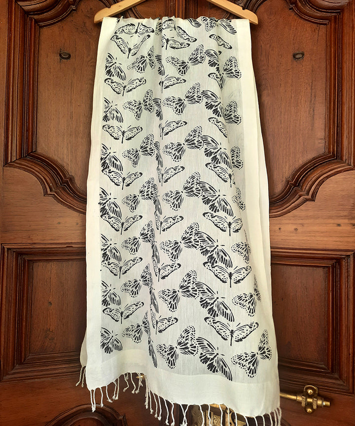 White black butterfly handblock printed cotton silk stole