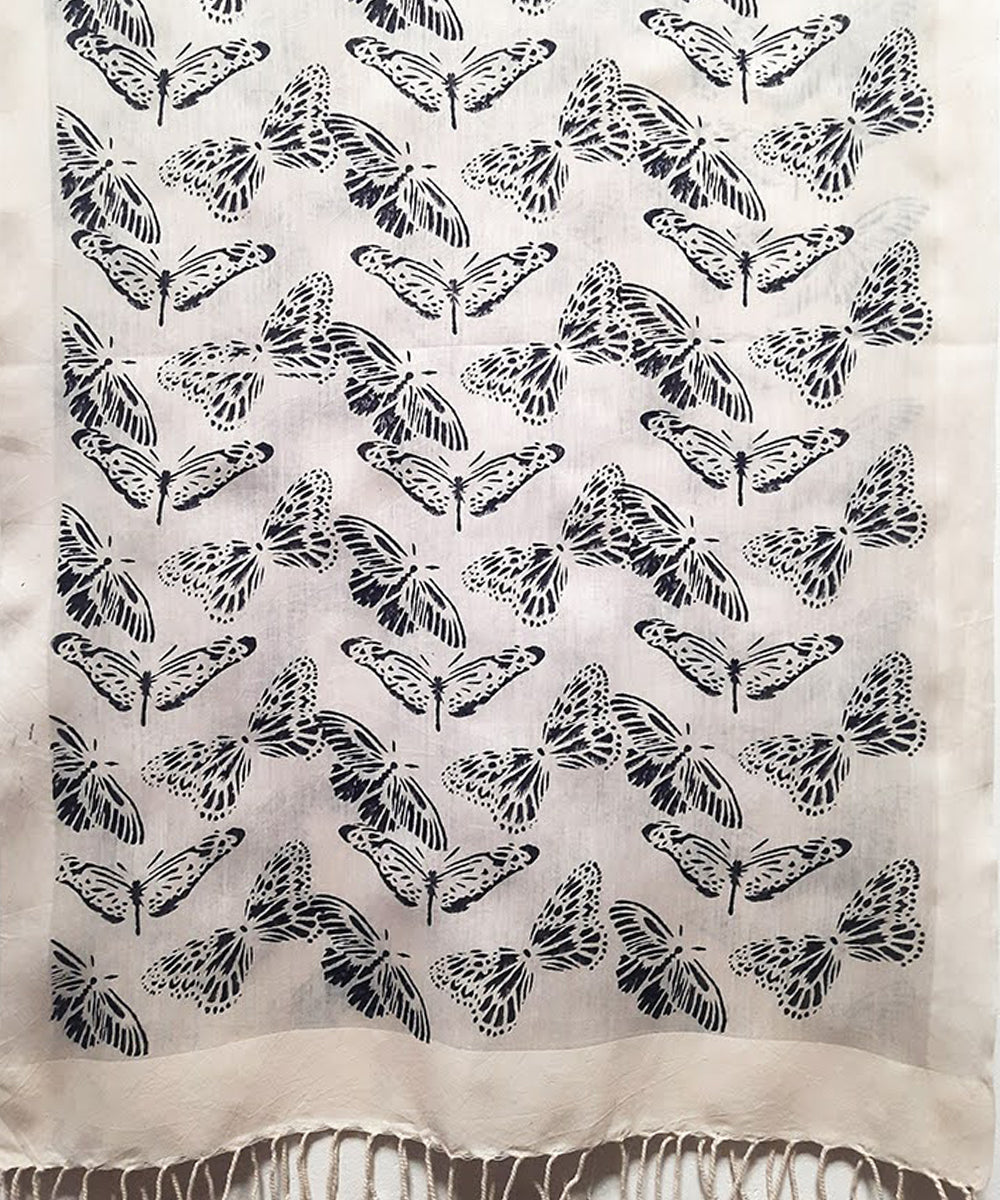White black butterfly handblock printed cotton silk stole