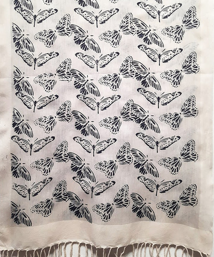 White black butterfly handblock printed cotton silk stole